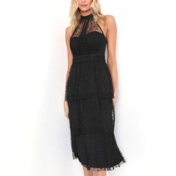 New Lulus Positively Precious Black Floral Mesh Tiered Halter Midi Dress P2475 - Picture 1 of 8